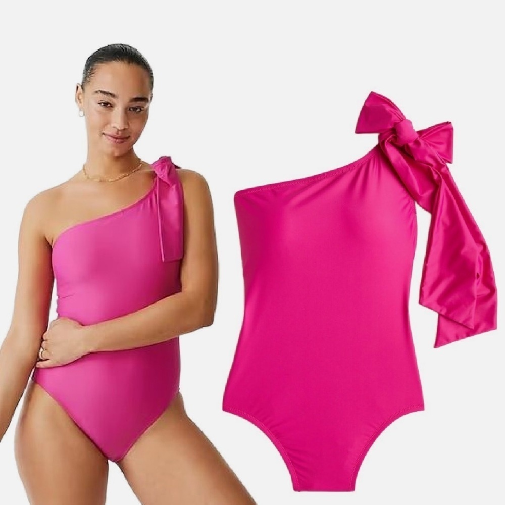 J. Crew One-Shoulder Bow One-Piece Swimsuit in Hot Pink